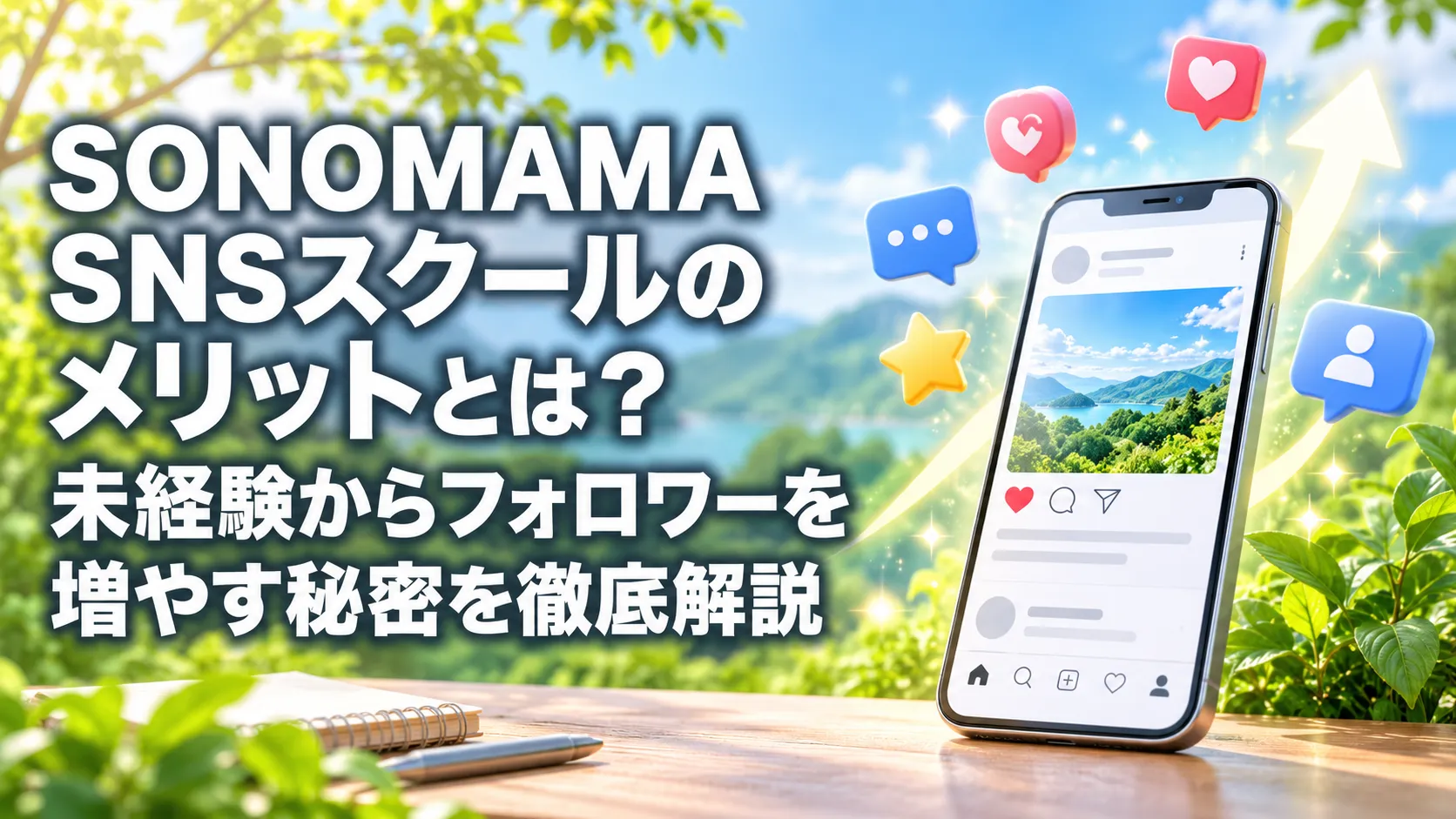 自然豊かな背景にスマートフォンとSNSアイコンを配置し、SONOMAMA SNSスクールのメリットとフォロワー増加を表現した画像です。