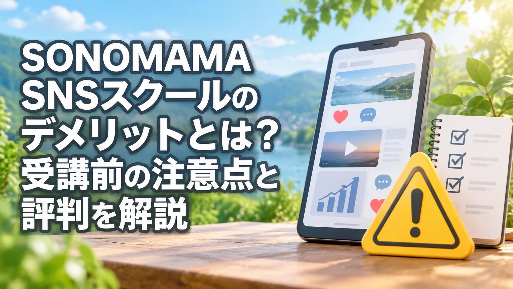 SONOMAMA SNSスクールのデメリットや受講前の注意点を、スマートフォンと警告マークで表現したアイキャッチ画像。